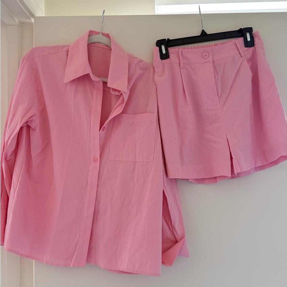 Pink Long Sleeve Loose Shorts Set